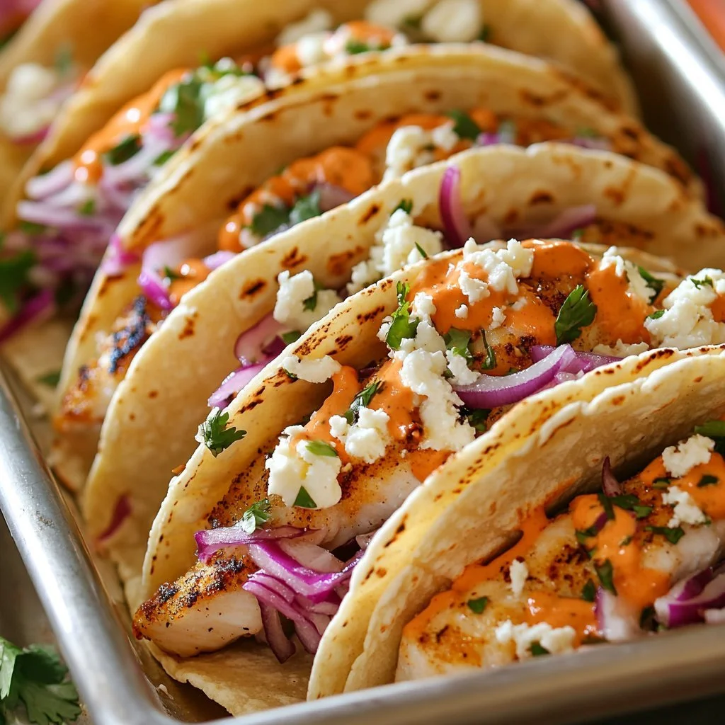 Delicious fish tacos with fresh toppings and lime wedges on a plate