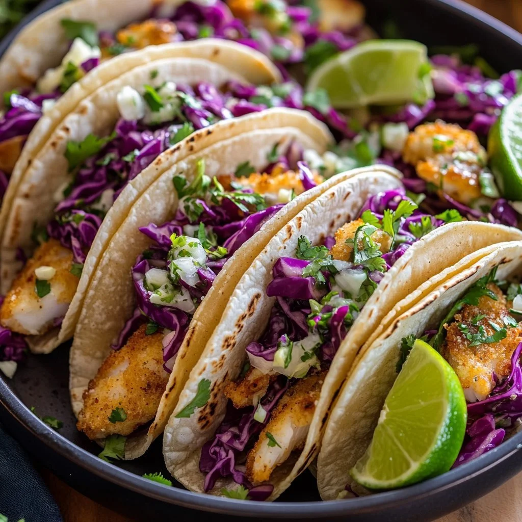Delicious homemade fish tacos topped with fresh ingredients