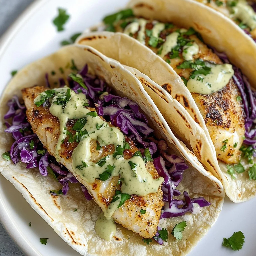 Delicious fish tacos topped with cabbage slaw and zesty lime crema