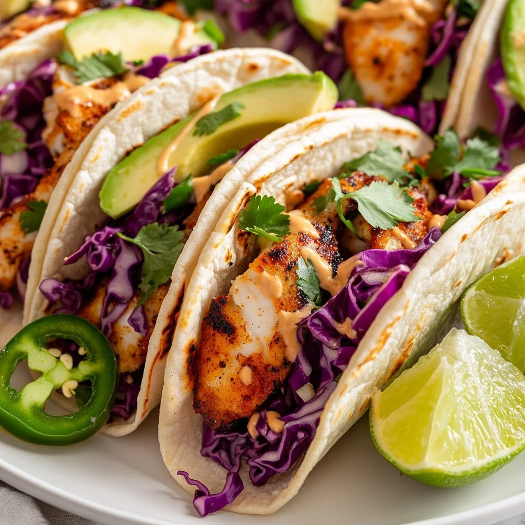 Delicious fish tacos topped with honey lime cilantro slaw, perfect for any meal.