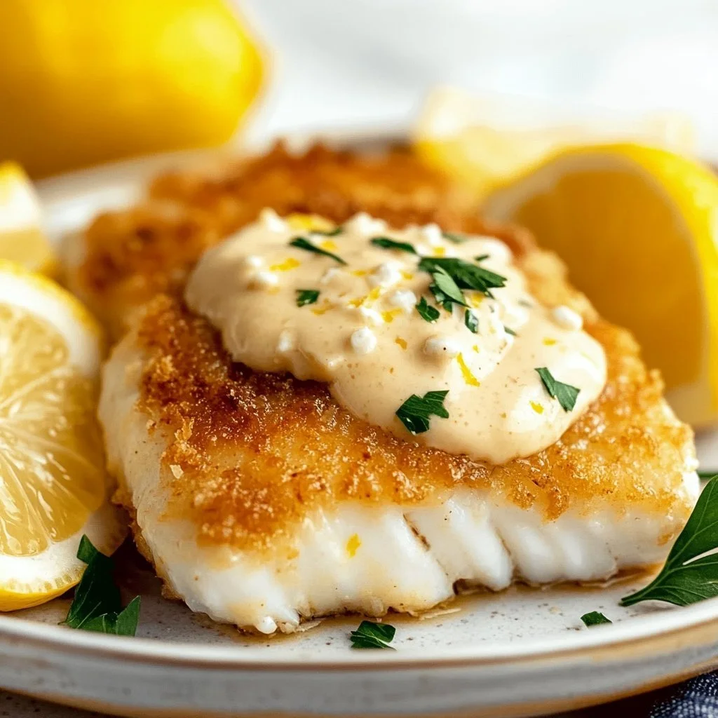 Flavorful baked cod fillet with mayo and parmesan on a plate