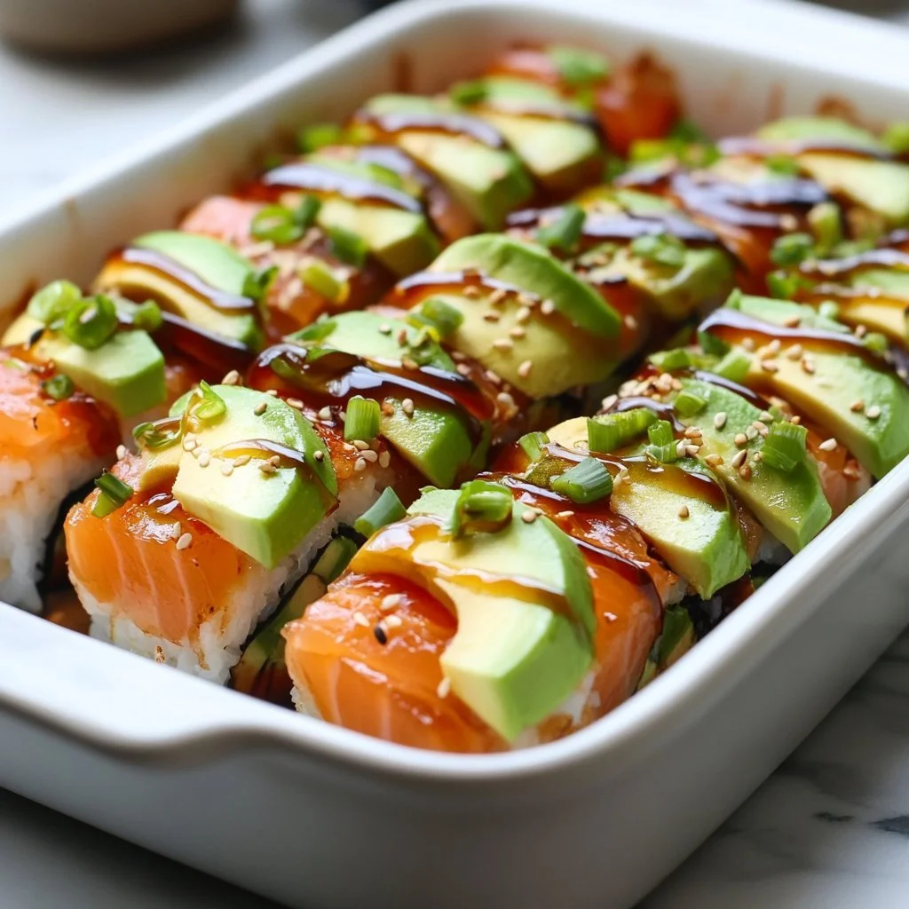 Delicious tuna sushi bake made with canned tuna and fresh ingredients