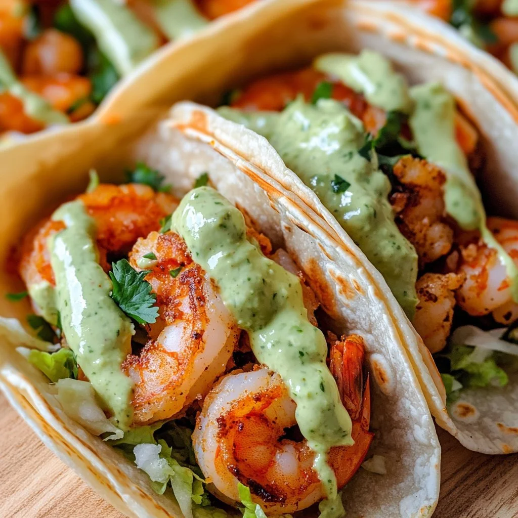 Fresh shrimp tacos topped with colorful vegetables and a slice of lime