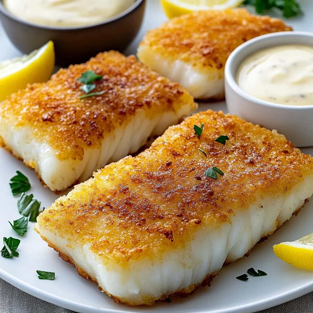 Golden Fried Cod served with a side of tartar sauce and lemon wedges.