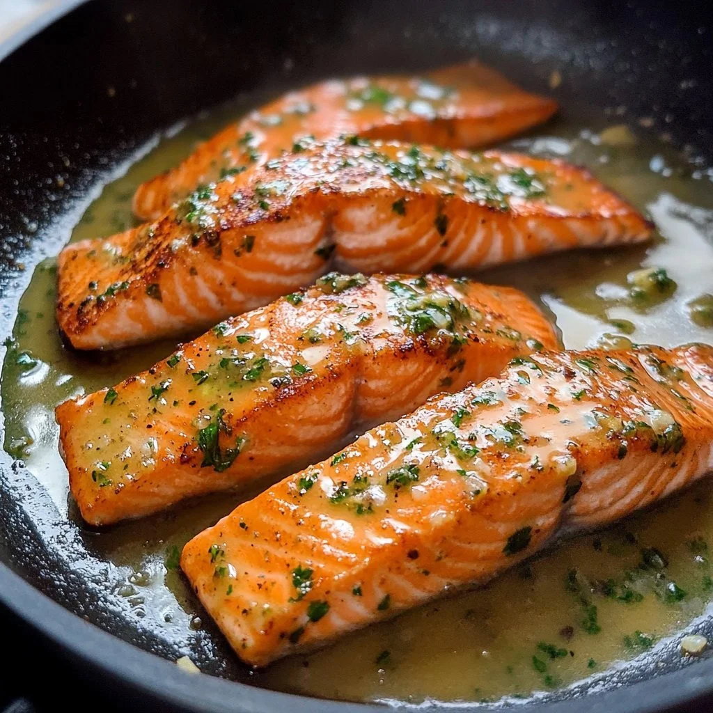 Delicious Garlic Butter Salmon dish served with herbs and lemon.