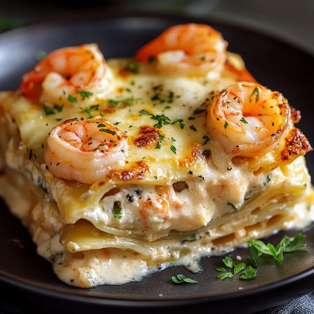 Delicious Garlic Butter Shrimp Scampi Lasagna layered with shrimp and cheesy goodness