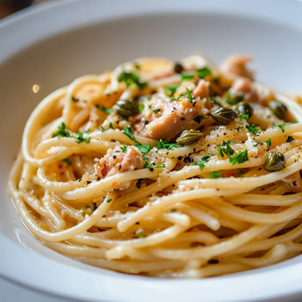 A delicious plate of Garlic Lemon Tuna Pasta garnished with herbs
