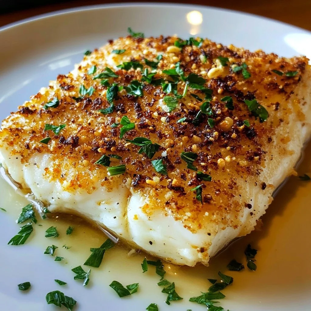 Garlic Parmesan Crusted Halibut on a plate with garnish
