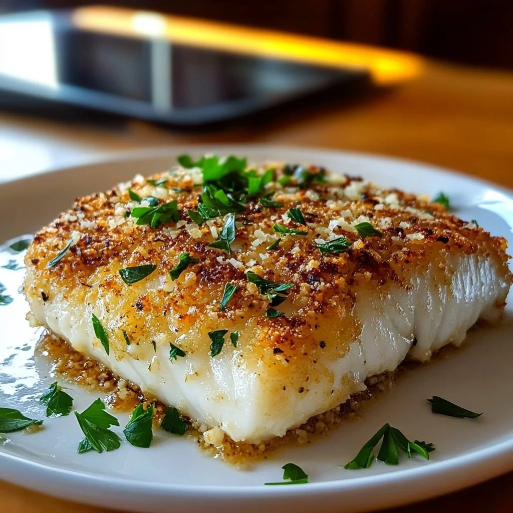Garlic Parmesan Crusted Halibut served on a plate with lemon and herbs