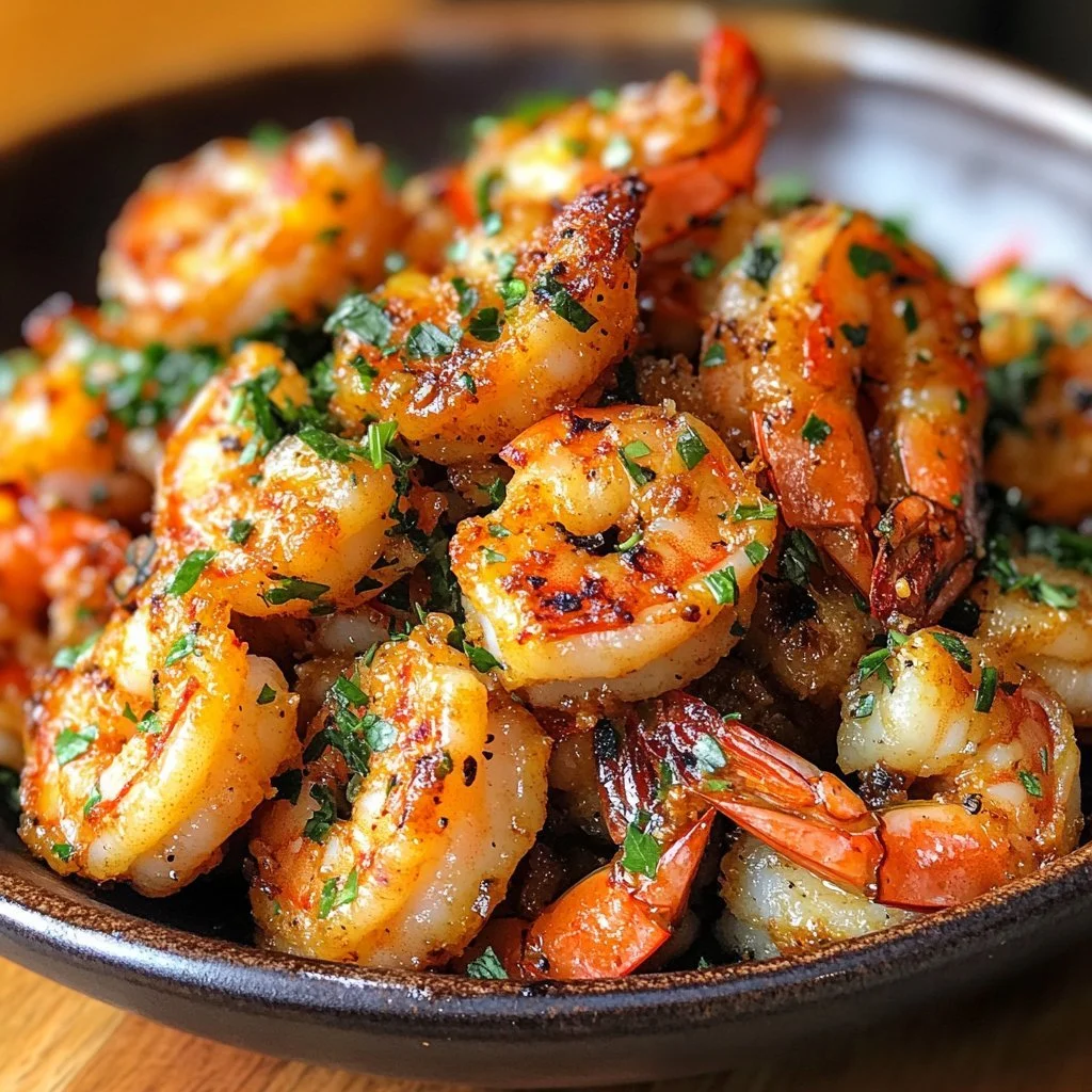 Delicious Garlic Parmesan Roasted Shrimp dish garnished with fresh herbs.
