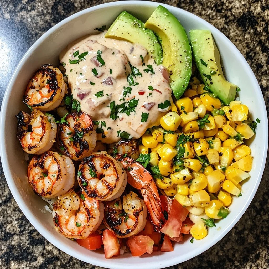 Grilled shrimp bowl with avocado, corn salsa, and creamy sauce.