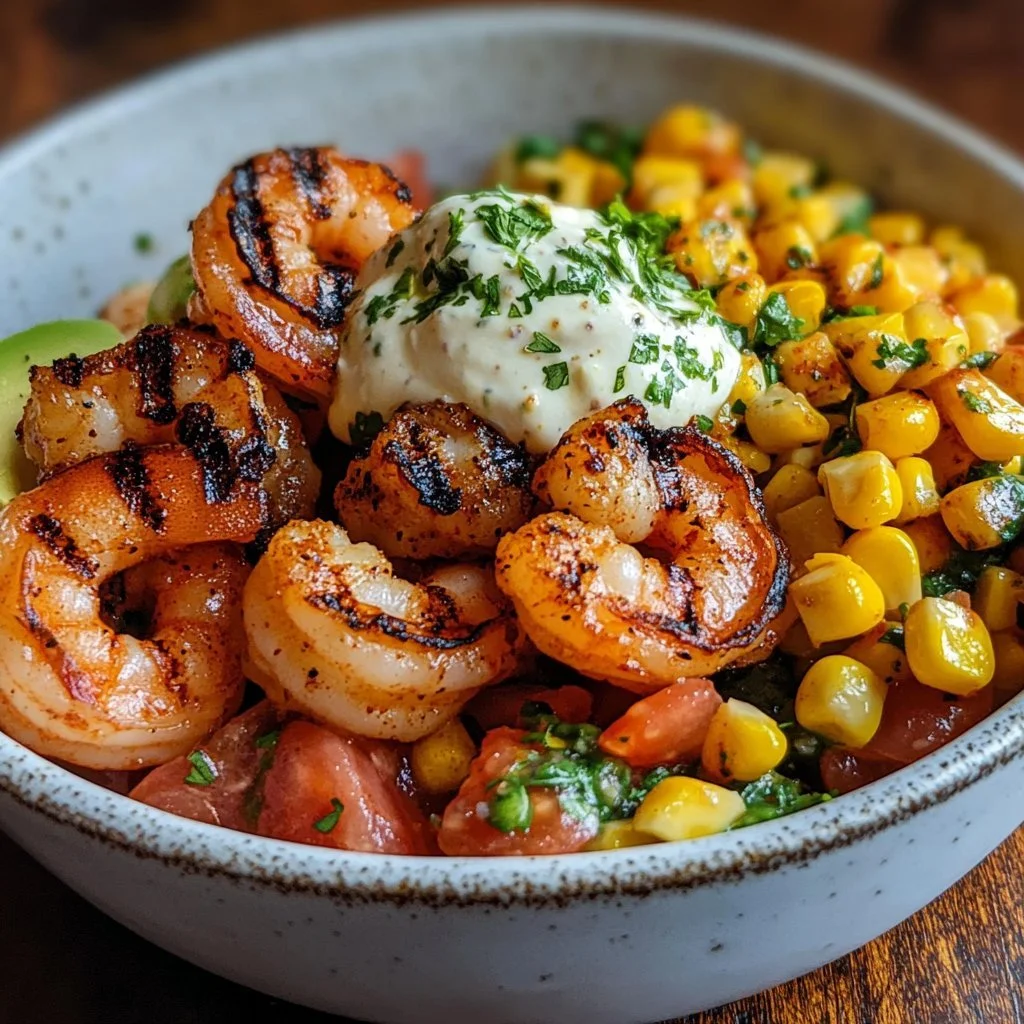 Grilled shrimp bowl with avocado, corn salsa, and creamy garlic sauce