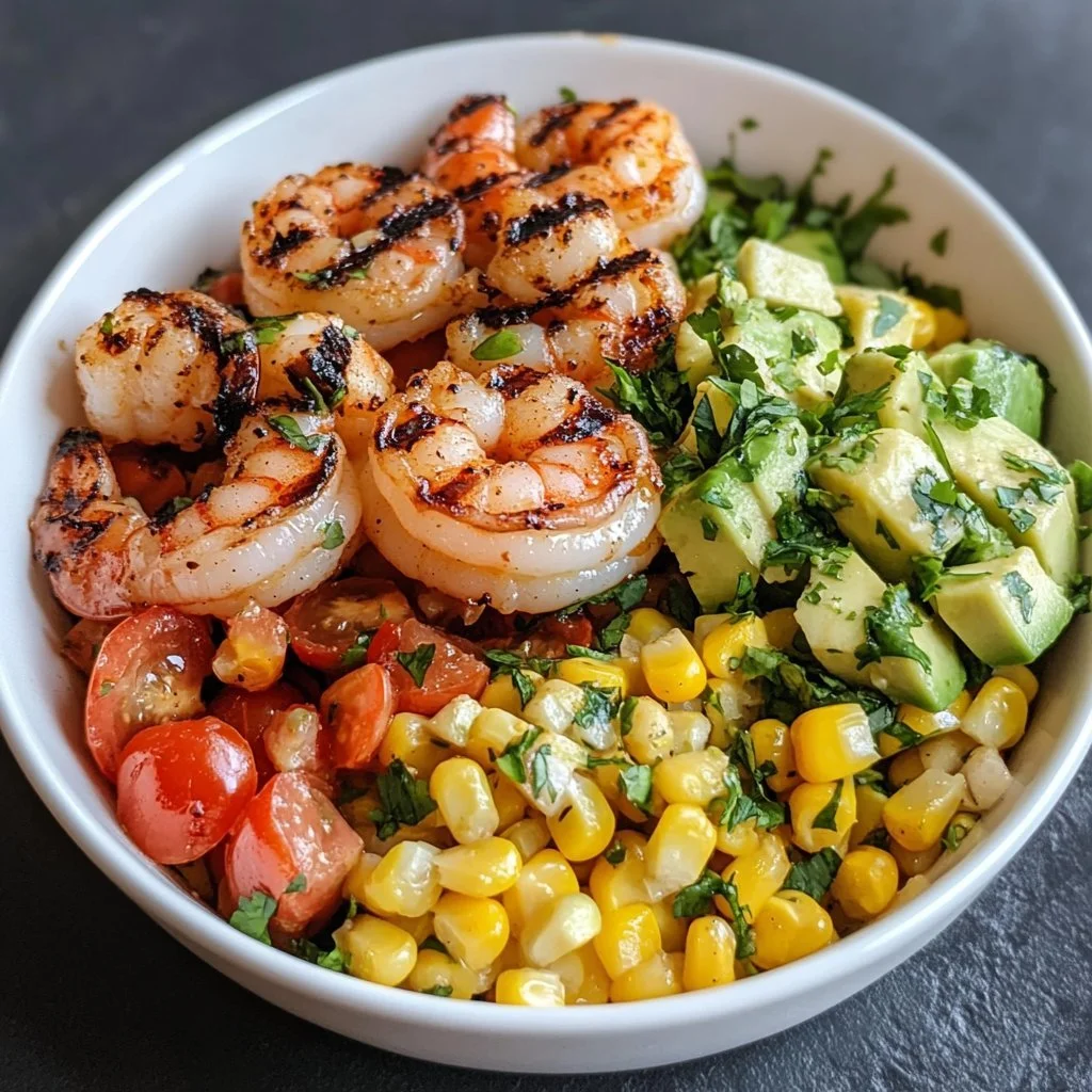 Delicious grilled shrimp bowl with avocado, corn salsa, and creamy garlic sauce