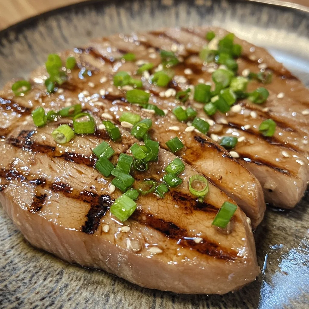 Grilled soy-ginger tuna steak served with fresh vegetables