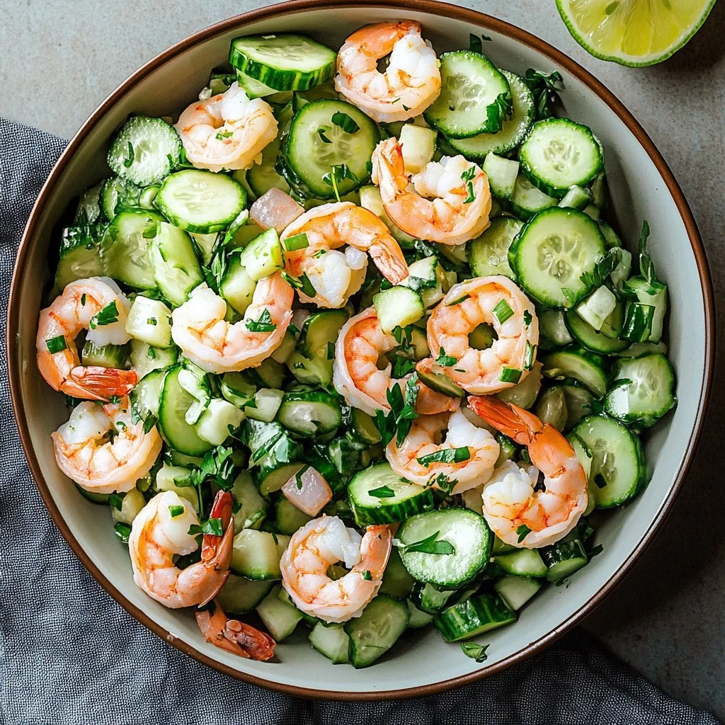 Delicious and healthy cucumber shrimp salad with fresh vegetables and shrimp