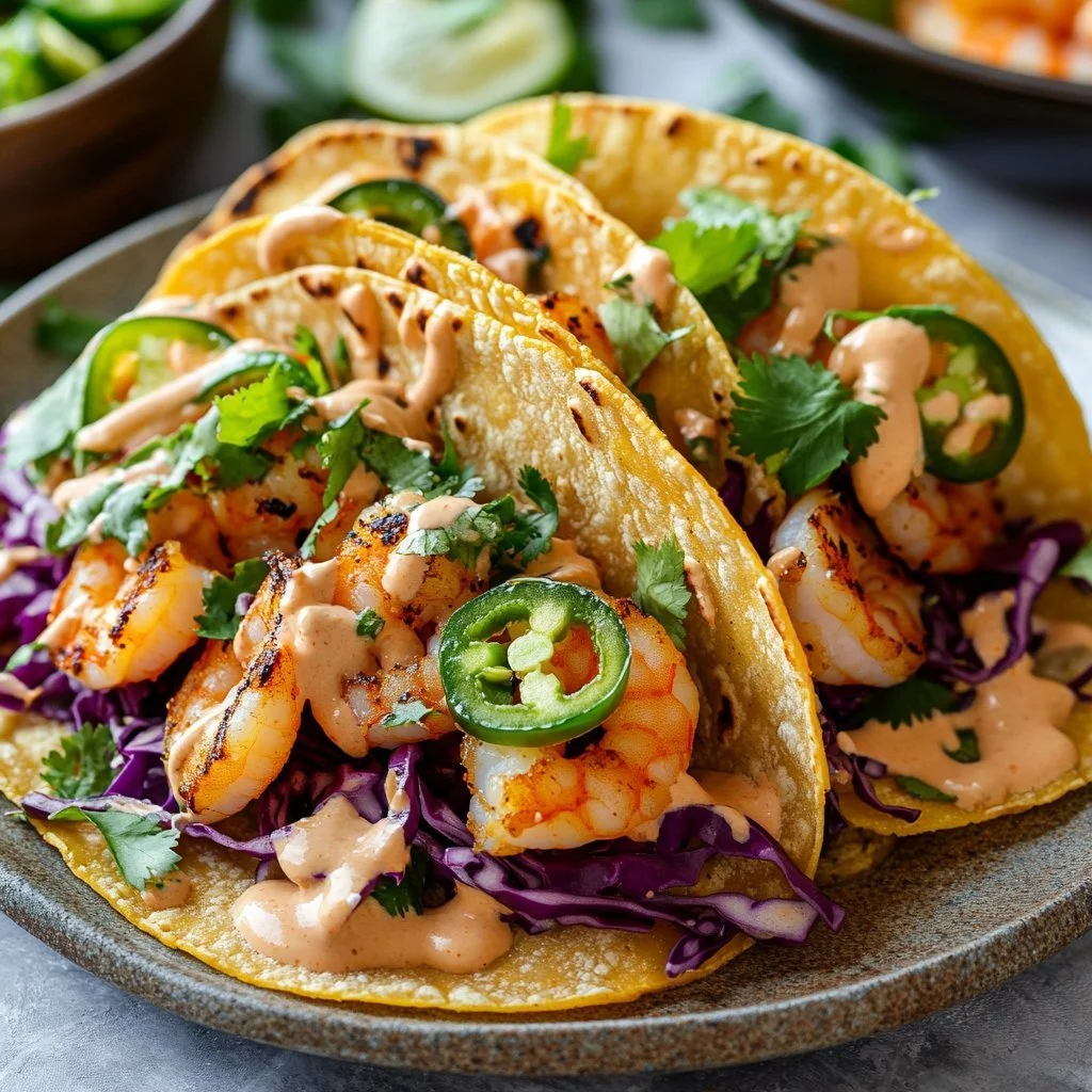 Healthy shrimp tacos topped with vibrant slaw on a plate