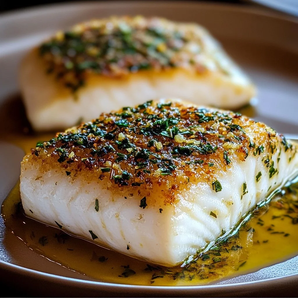 Herb Crusted Halibut garnished with fresh herbs on a white plate