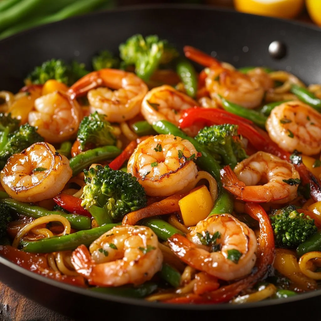 High-protein one-pan shrimp stir fry with noodles and colorful vegetables