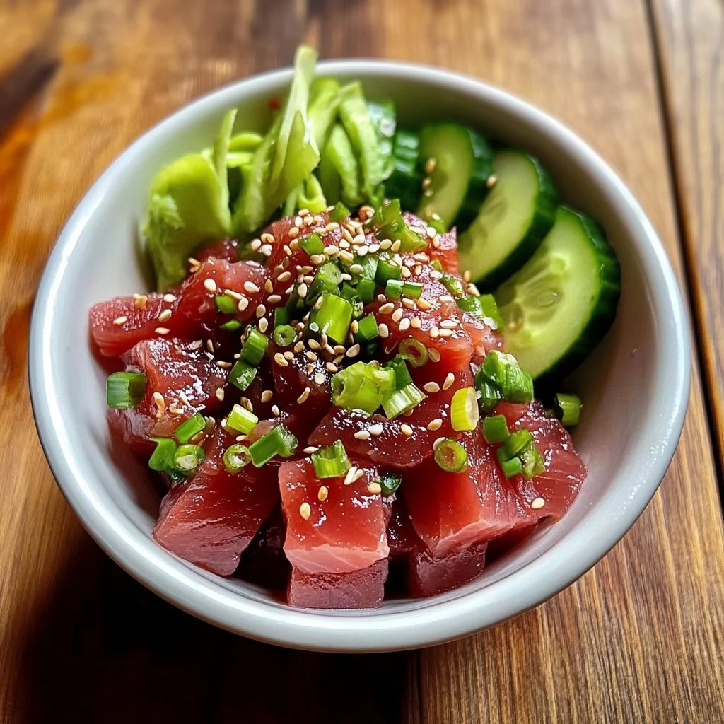 Delicious homemade Ahi Tuna Poke served in a bowl with toppings.