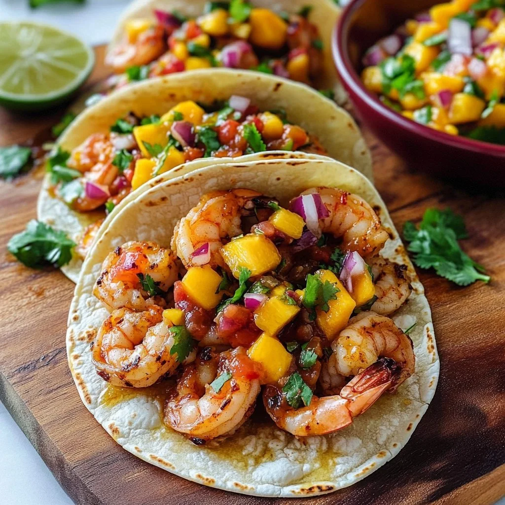 Plate of delicious Honey Chipotle Shrimp Tacos topped with fresh ingredients