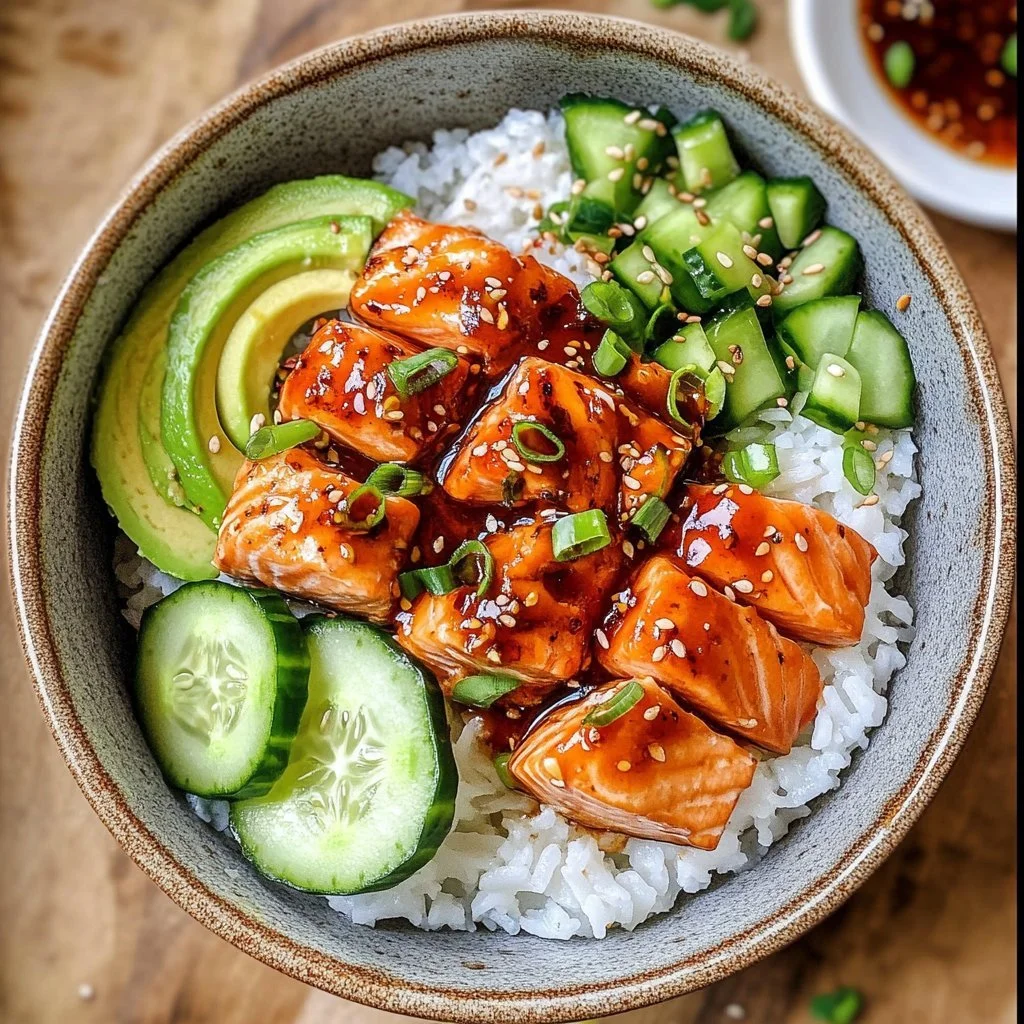 Delicious Honey Sriracha Salmon bowls served with fresh vegetables and rice.