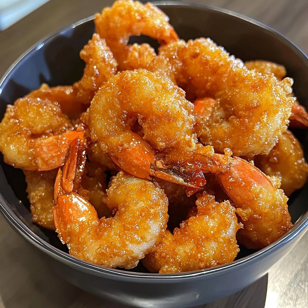 Plate of hot honey fried shrimp garnished with herbs