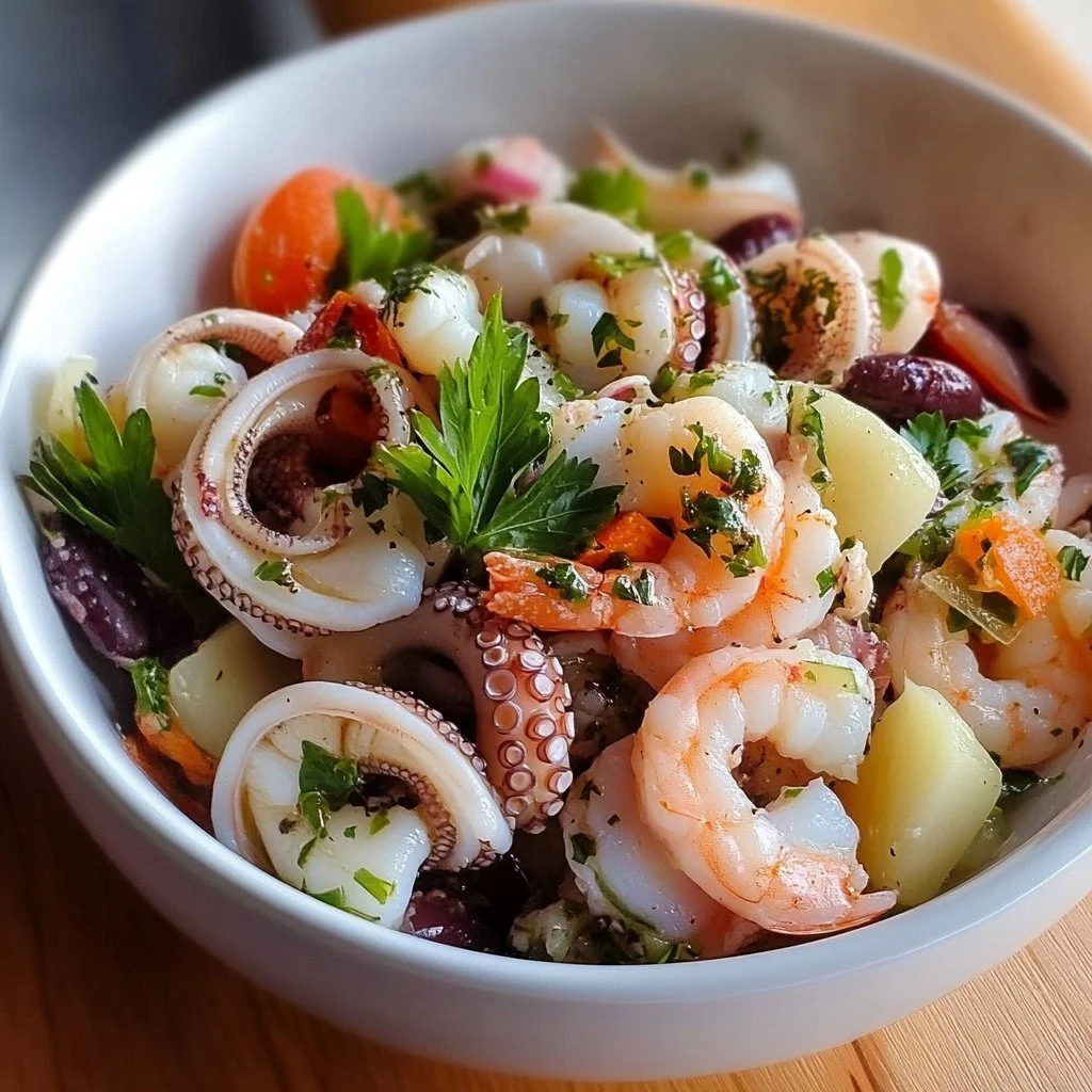 A fresh and colorful Italian Seafood Salad topped with herbs and lemon.