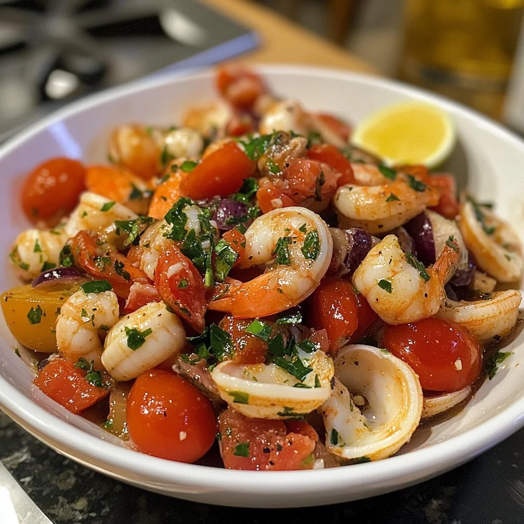 Italian seafood salad with fresh ingredients and seafood on a plate