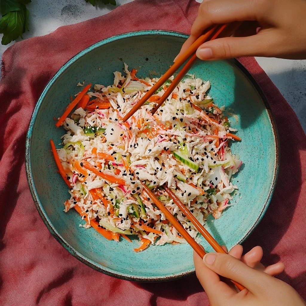 Delicious Japanese crab salad served in a bowl with fresh vegetables