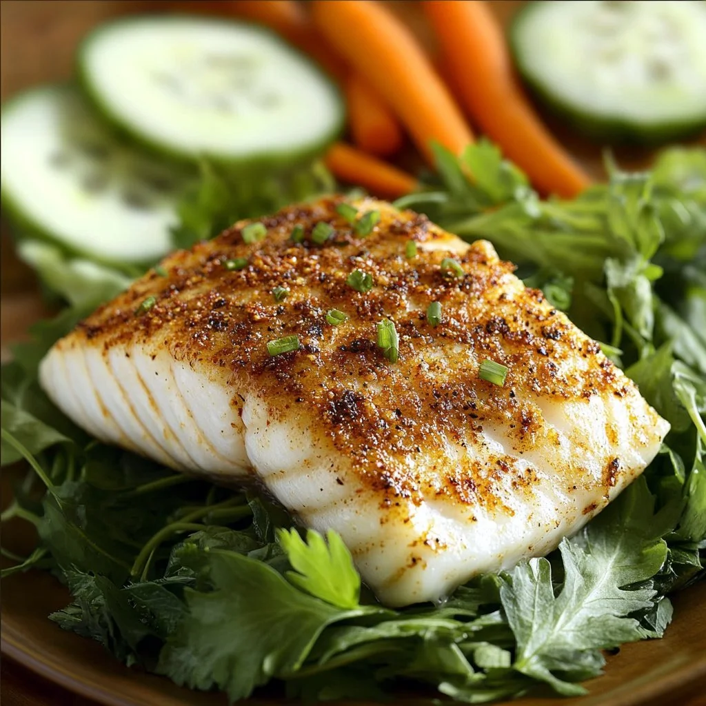 Juicy Asian Baked Halibut served with vegetables and garnished with herbs