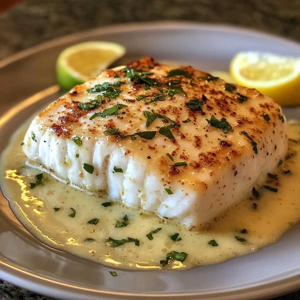 Delicious Juicy Halibut Oscar topped with crab and hollandaise sauce