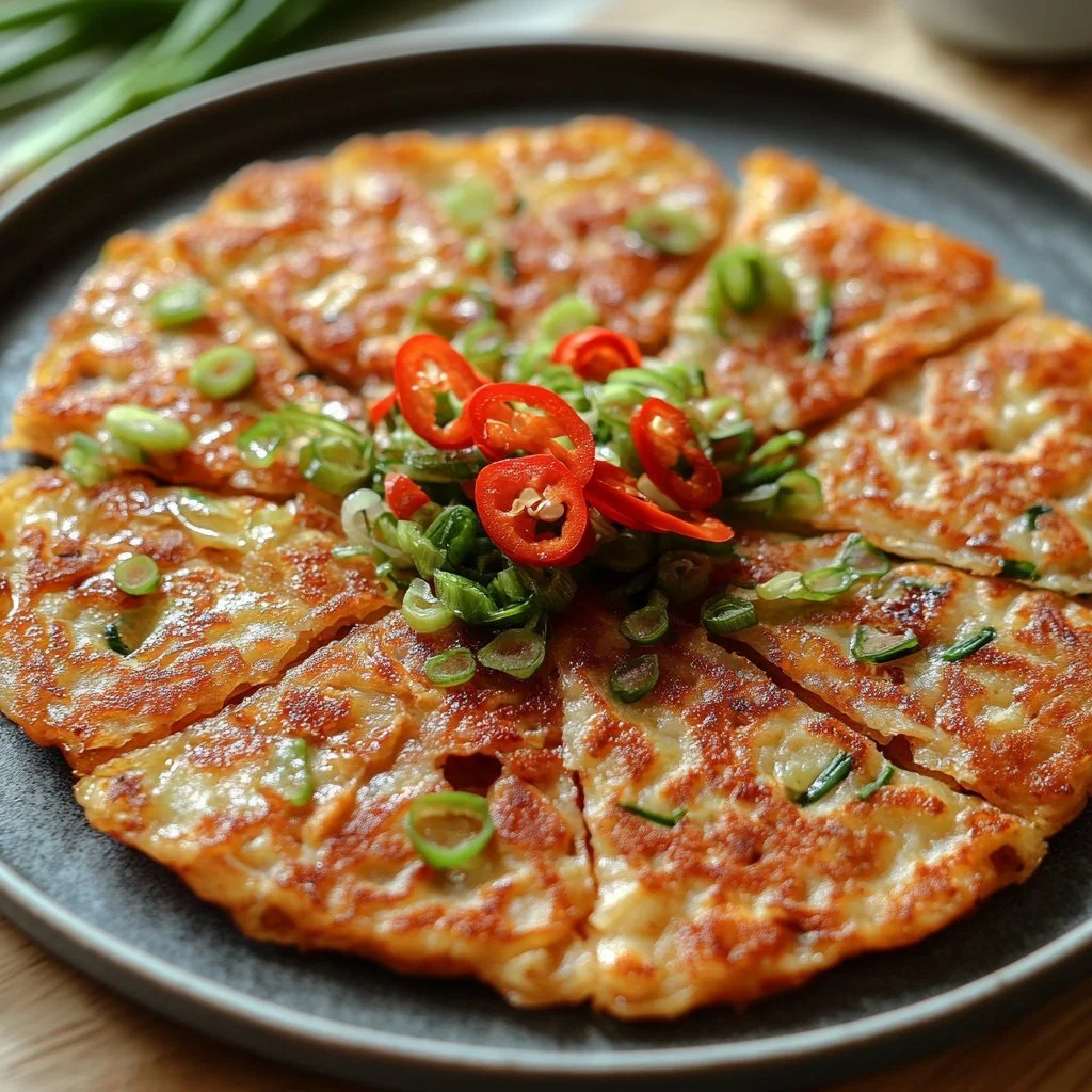 Delicious Korean Tuna Pancakes (Chamchijeon) served with dipping sauce