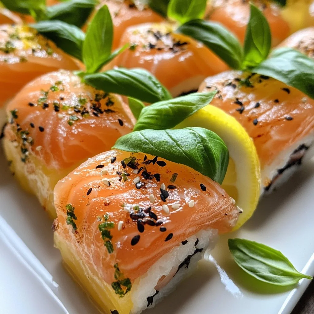 Lemon Basil Salmon Rolls served on a platter with fresh herbs and lemon slices