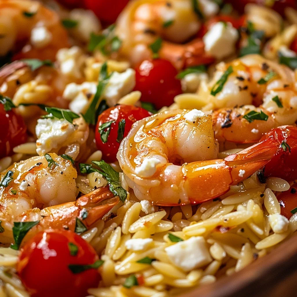 A plate of Lemon Feta Orzo Shrimp garnished with fresh herbs and lemon slices.