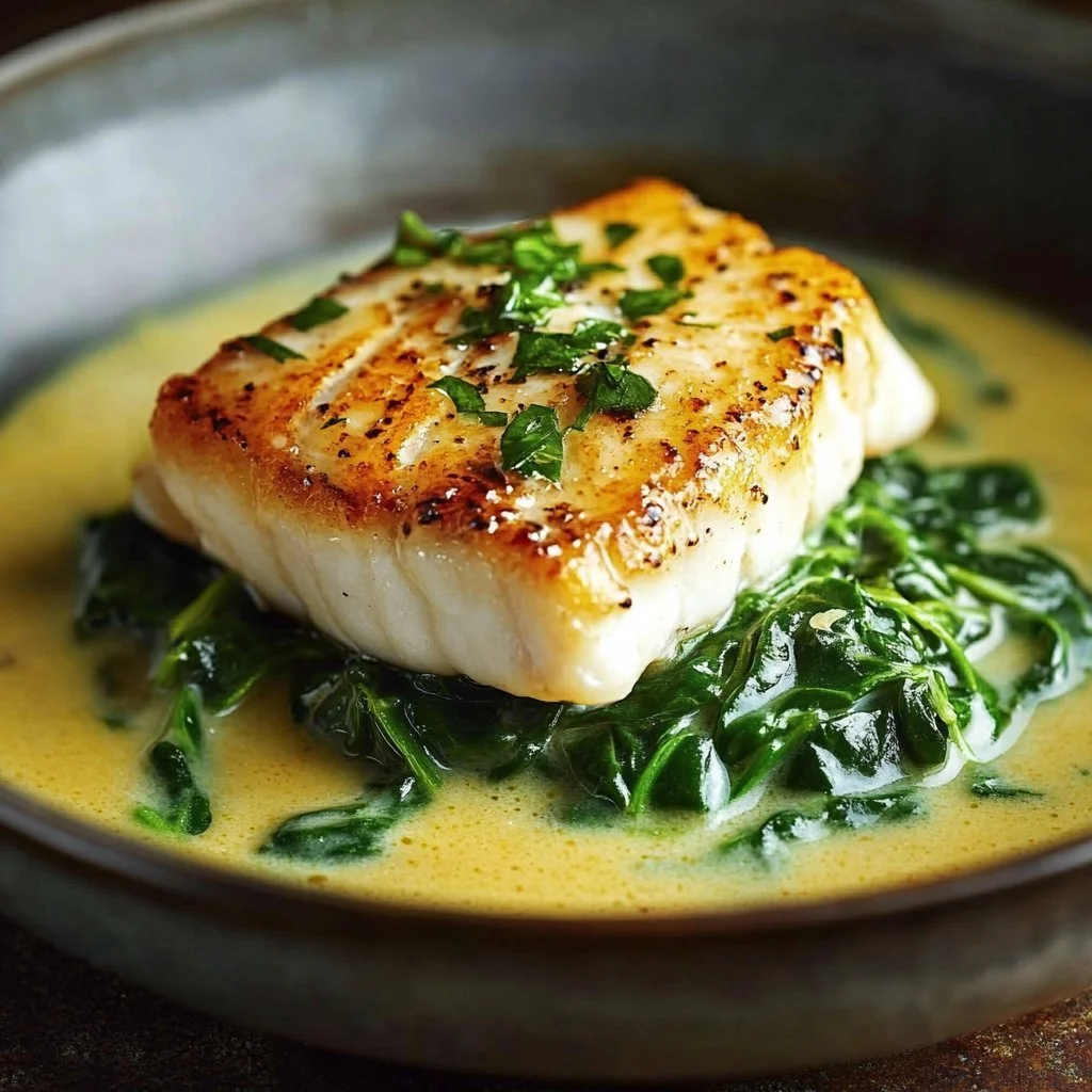 Lemon-Garlic Sea Bass served with creamy spinach on a plate
