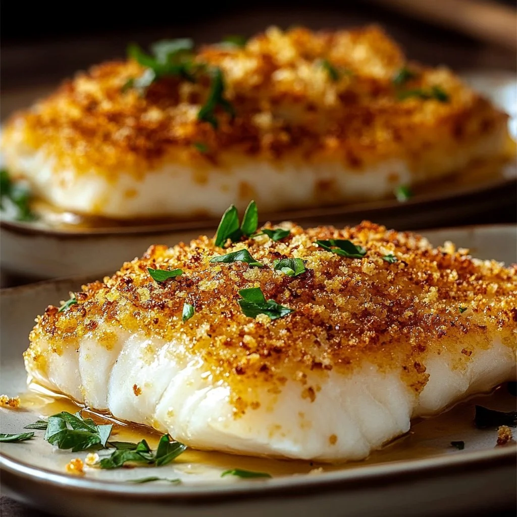 Mayonnaise and panko crusted baked fish on a plate