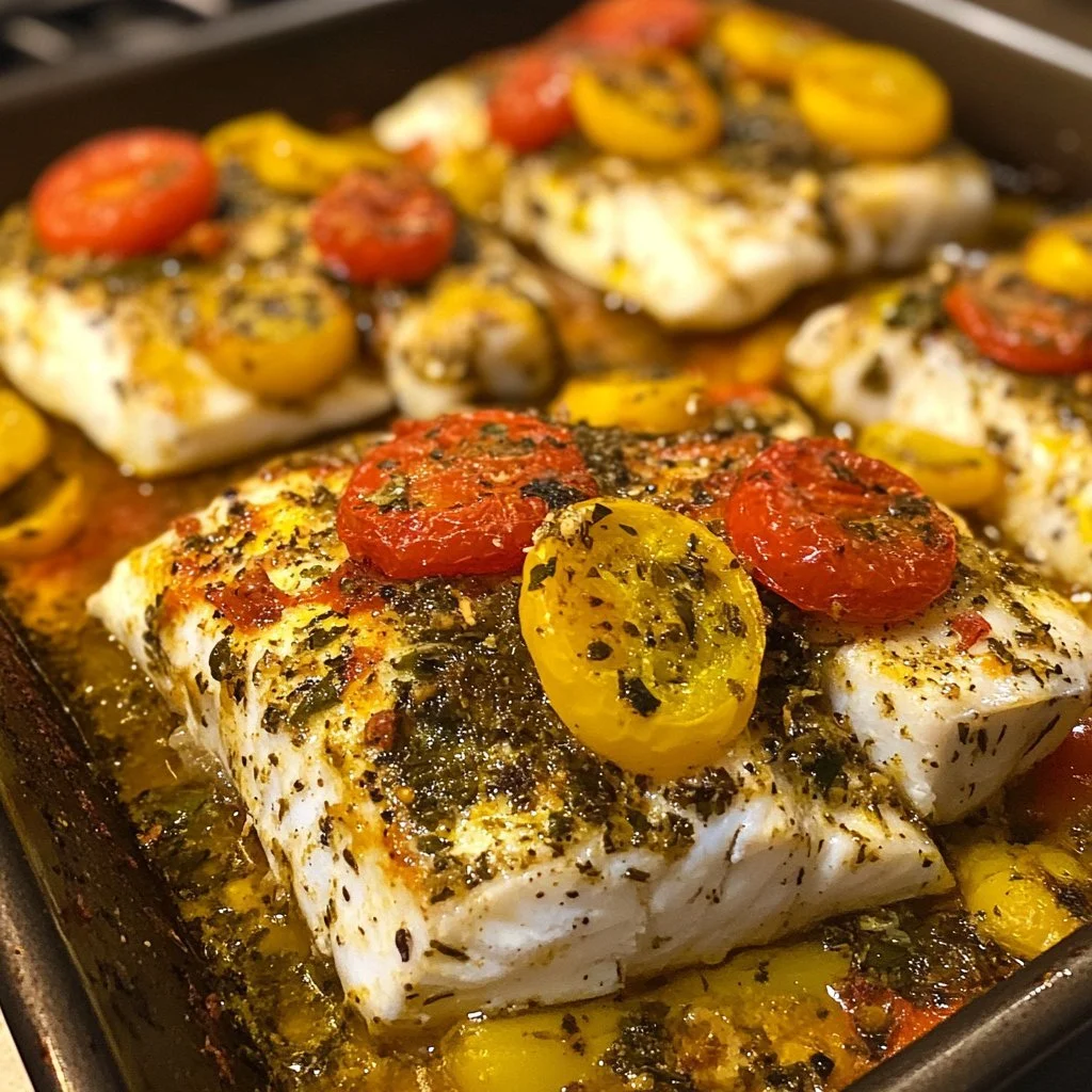 Delicious Mediterranean baked fish served with fresh herbs and vegetables