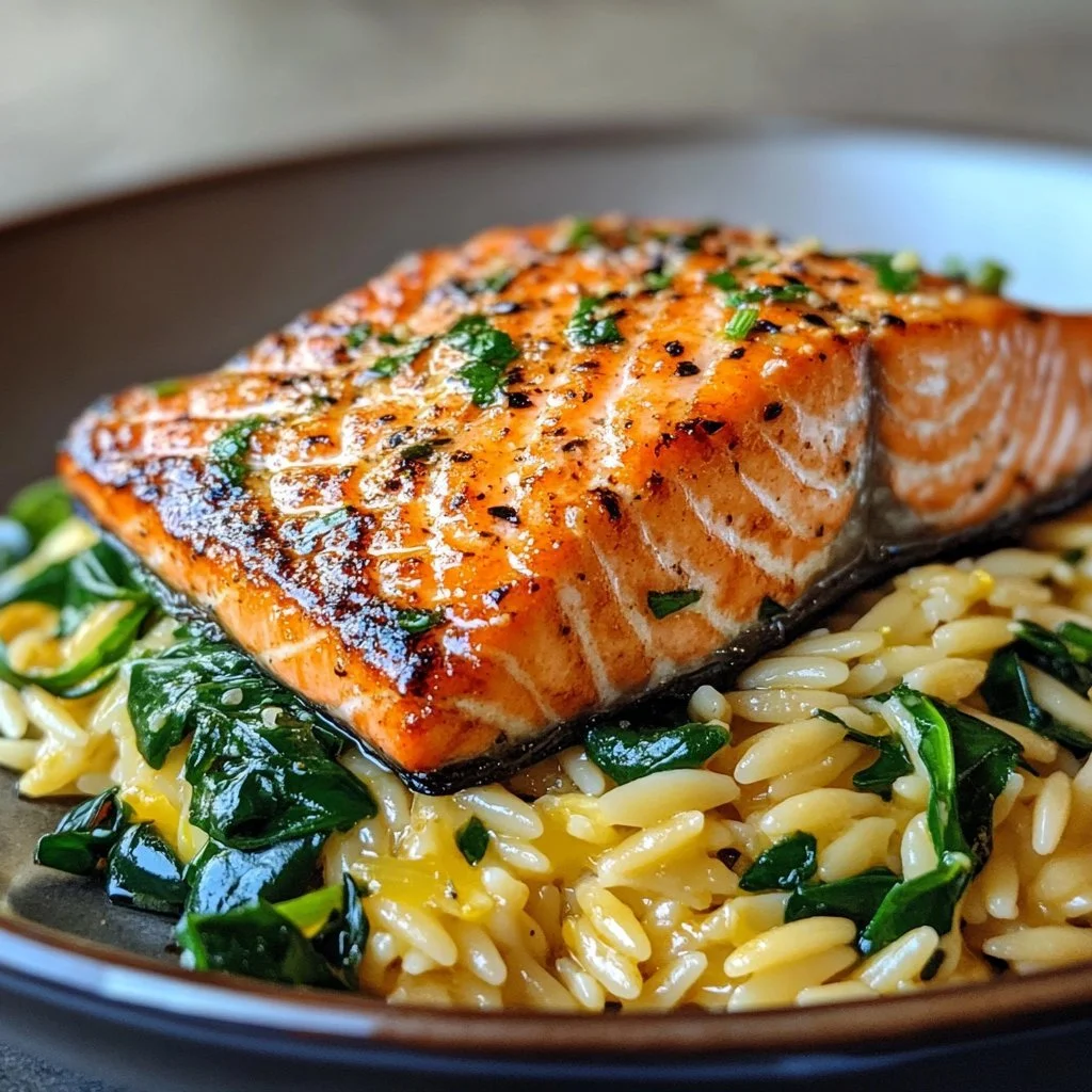 Mediterranean Salmon served with lemon orzo on a plate