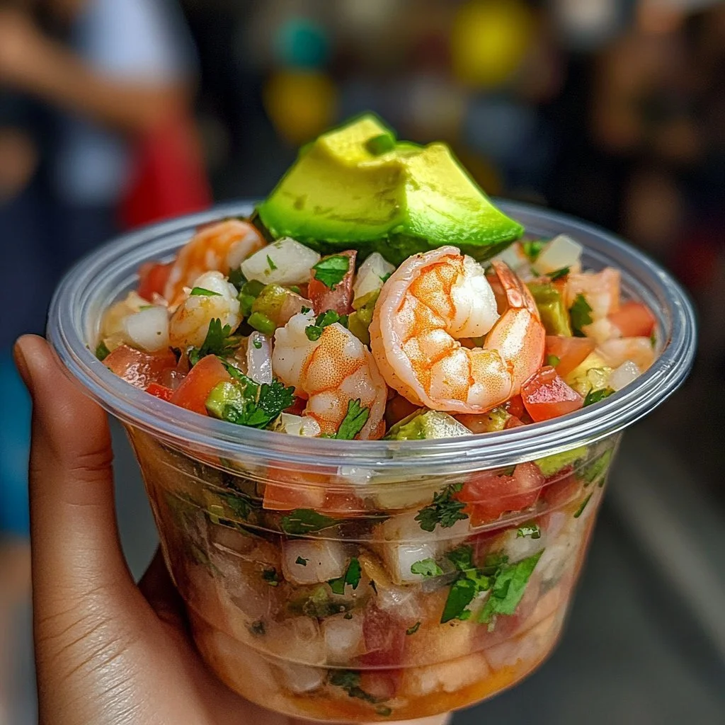 Mexican shrimp cocktail served in a vibrant dish with fresh ingredients.