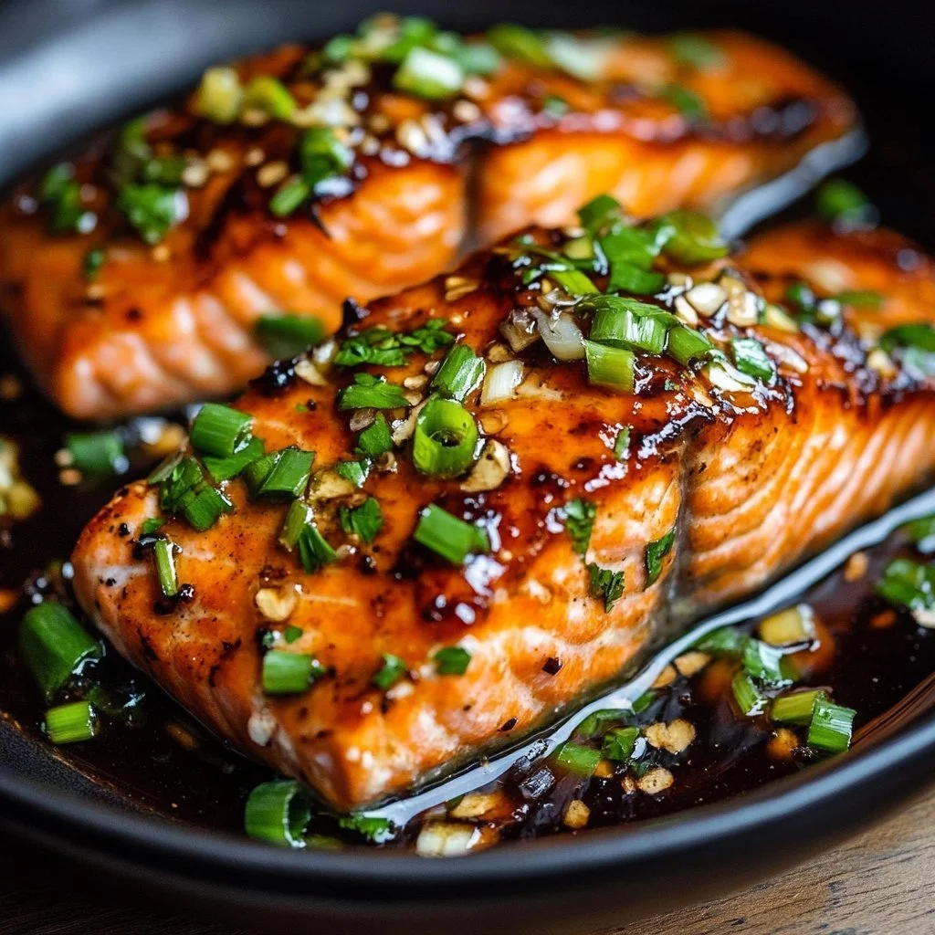 Plate of miso butter salmon garnished with herbs and served with vegetables.