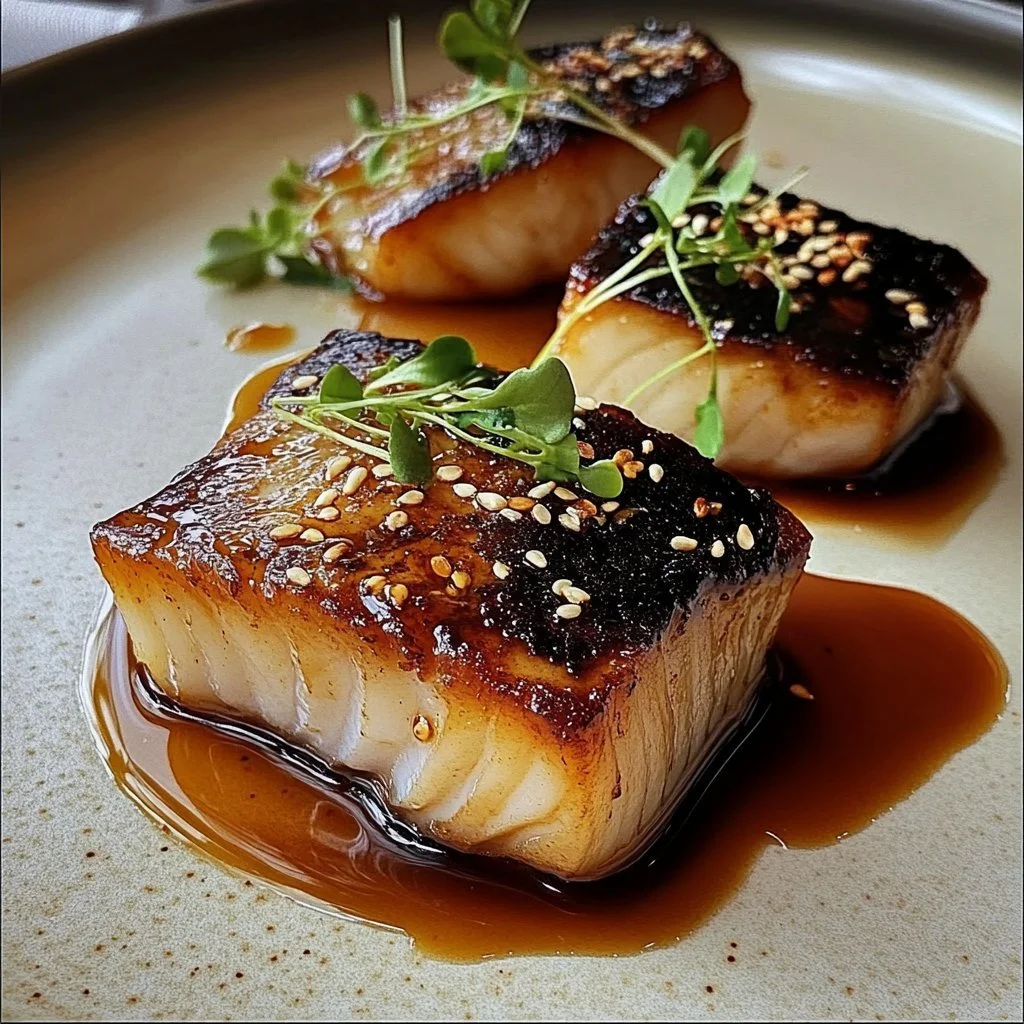 Plate of miso-marinated black cod garnished with vegetables