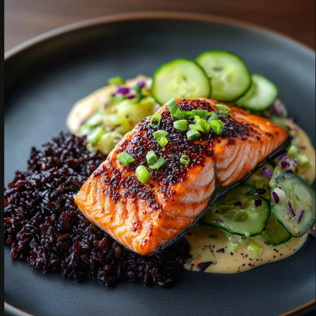 Plate of miso salmon with black rice and coconut cucumber salad
