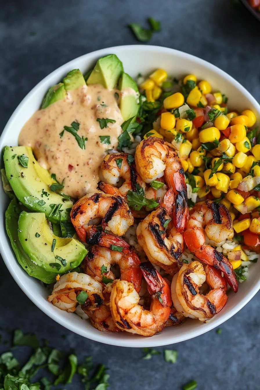 Grilled Shrimp Bowl with Avocado, Corn Salsa & Creamy Sauce