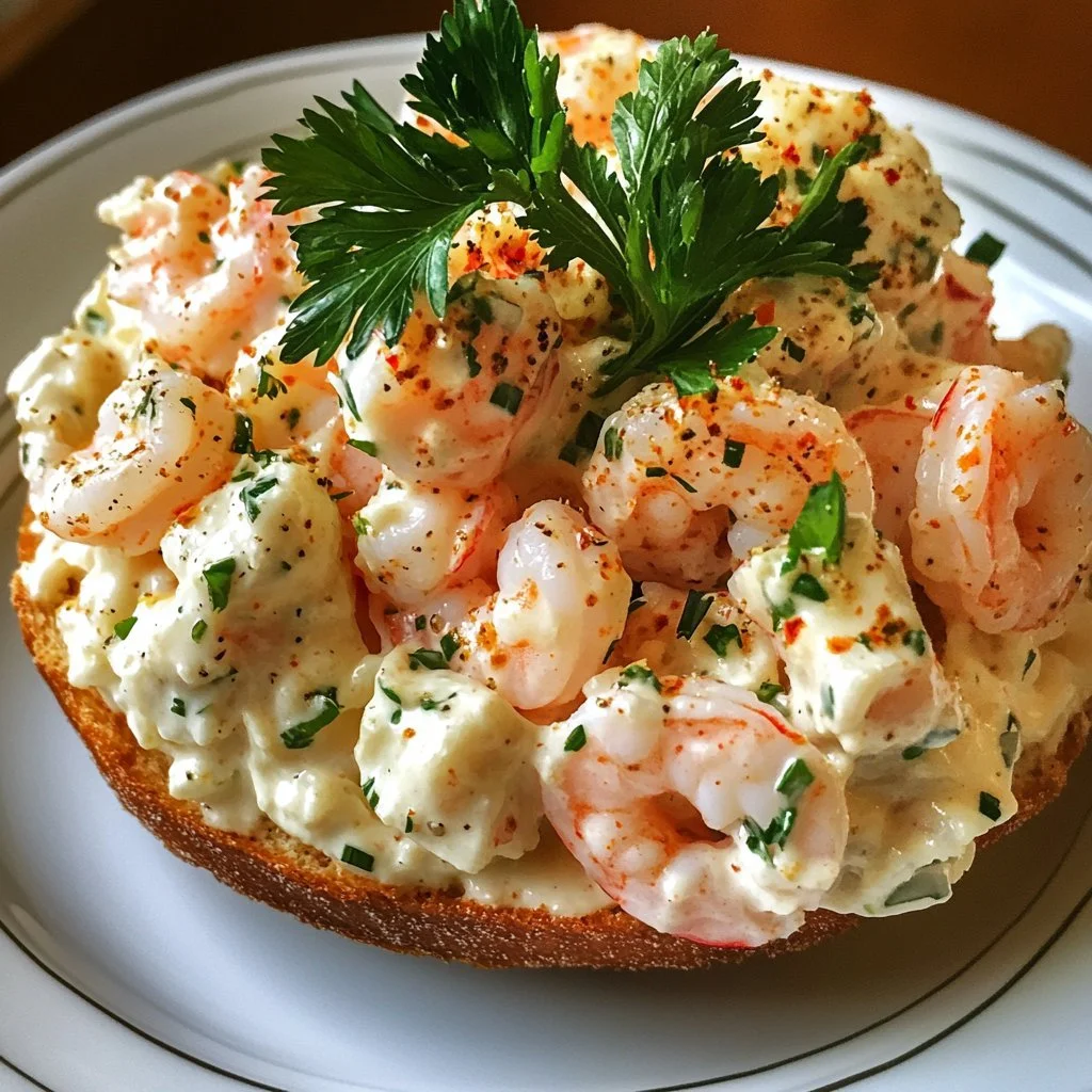 A bowl of New York Deli shrimp salad with fresh herbs and lemon dressing.