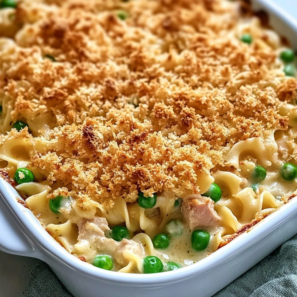 No-soup tuna noodle casserole topped with breadcrumbs in a baking dish.