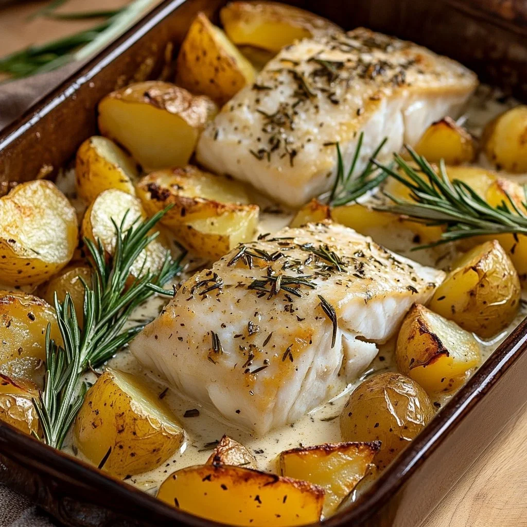 One-pan creamy herb baked white fish and potatoes plated for a delicious meal