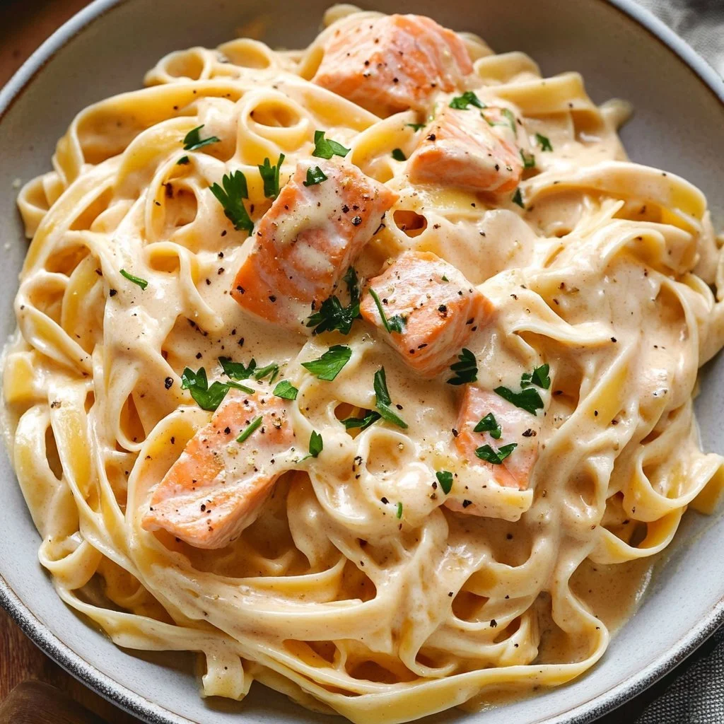 A delicious bowl of one pot creamy salmon pasta topped with herbs and parmesan.