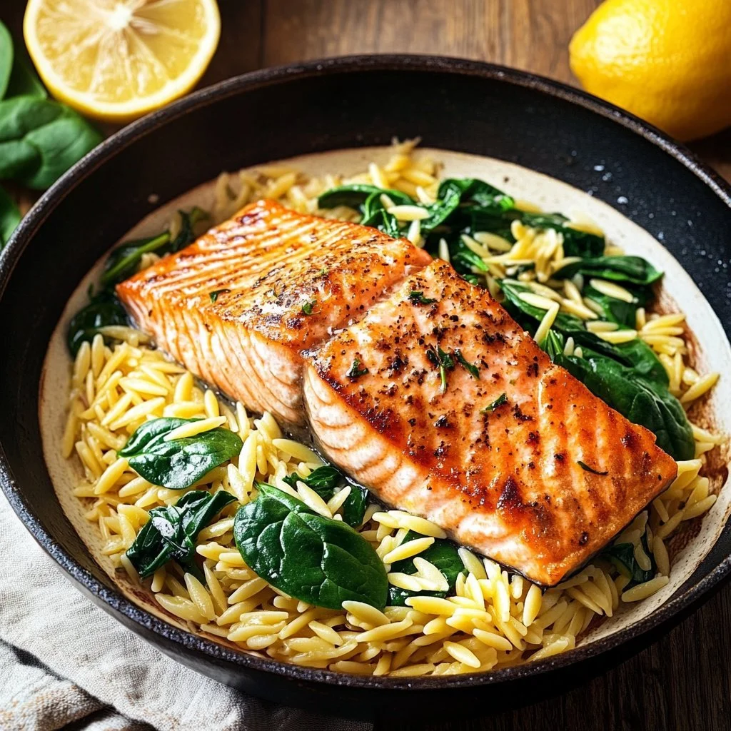 One Skillet Salmon served with Lemon Orzo in a beautiful dish.