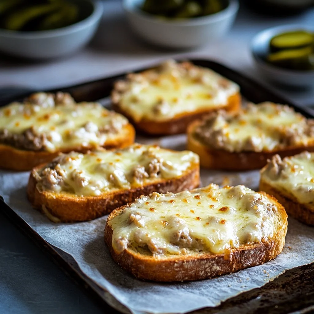 Open-face tuna melt with melted cheese and fresh tuna on toasted bread