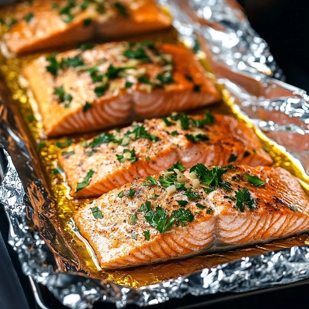 Delicious oven baked salmon garnished with herbs on a plate
